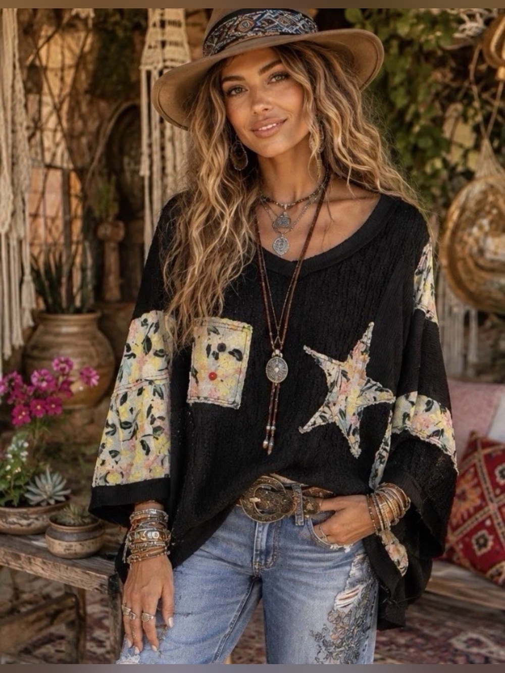 H105 New POL S ptp35 oversized Black Boho Oversized Tunic Pastel Star Patchwork